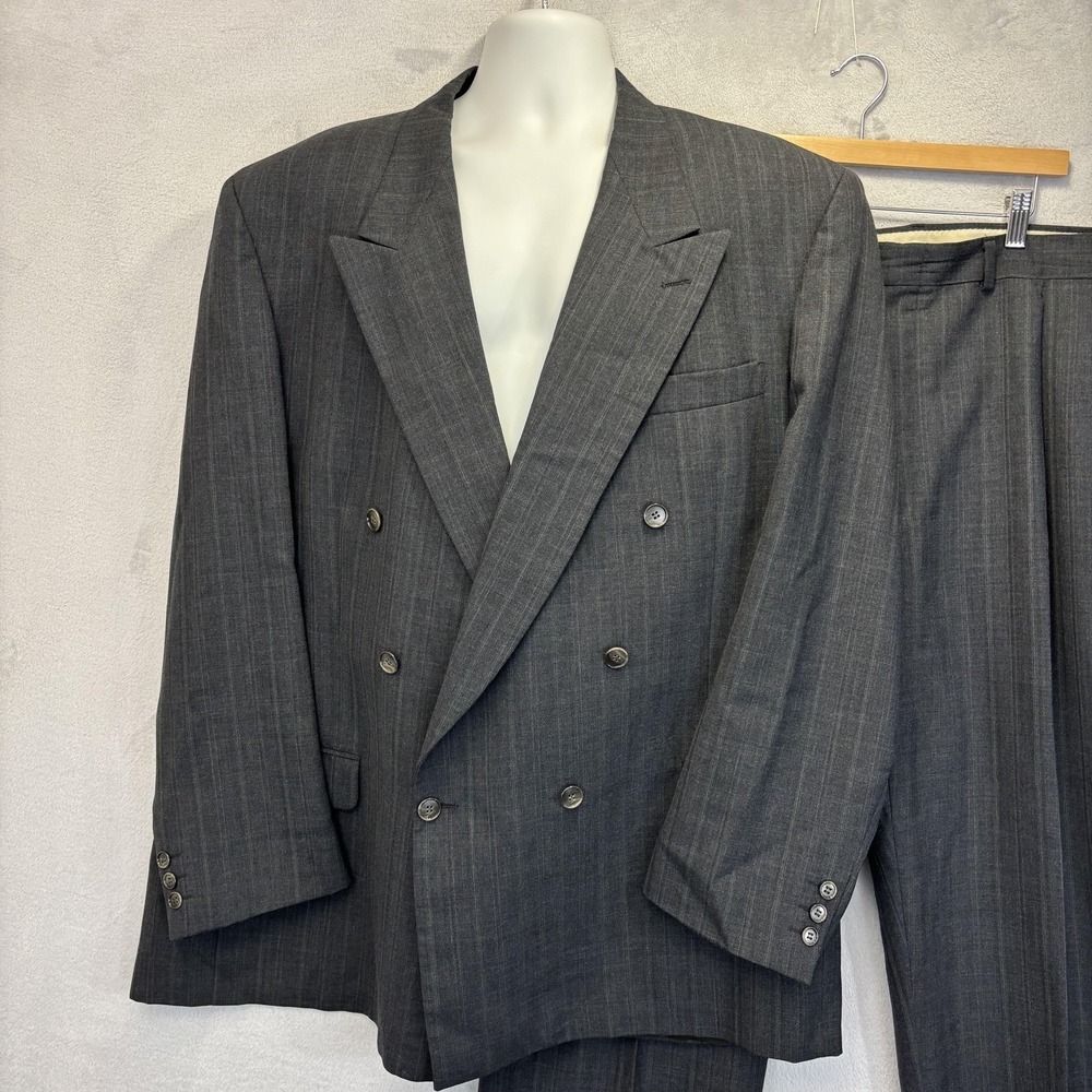 Vintage 2 Pc USA Made Double Breasted Suit Mens 44L 44x32 Old Money Jacket Pants - Picture 3 of 16